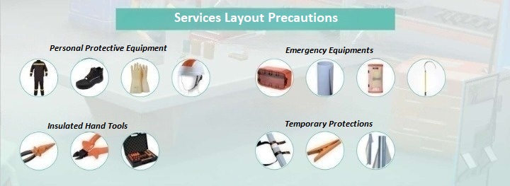 These are various precautionary tools required for service and maintenance in the electric vehicle training workshop; It includes personal protective clothing, emergency equipment, insulated hand tools and temporary protection.